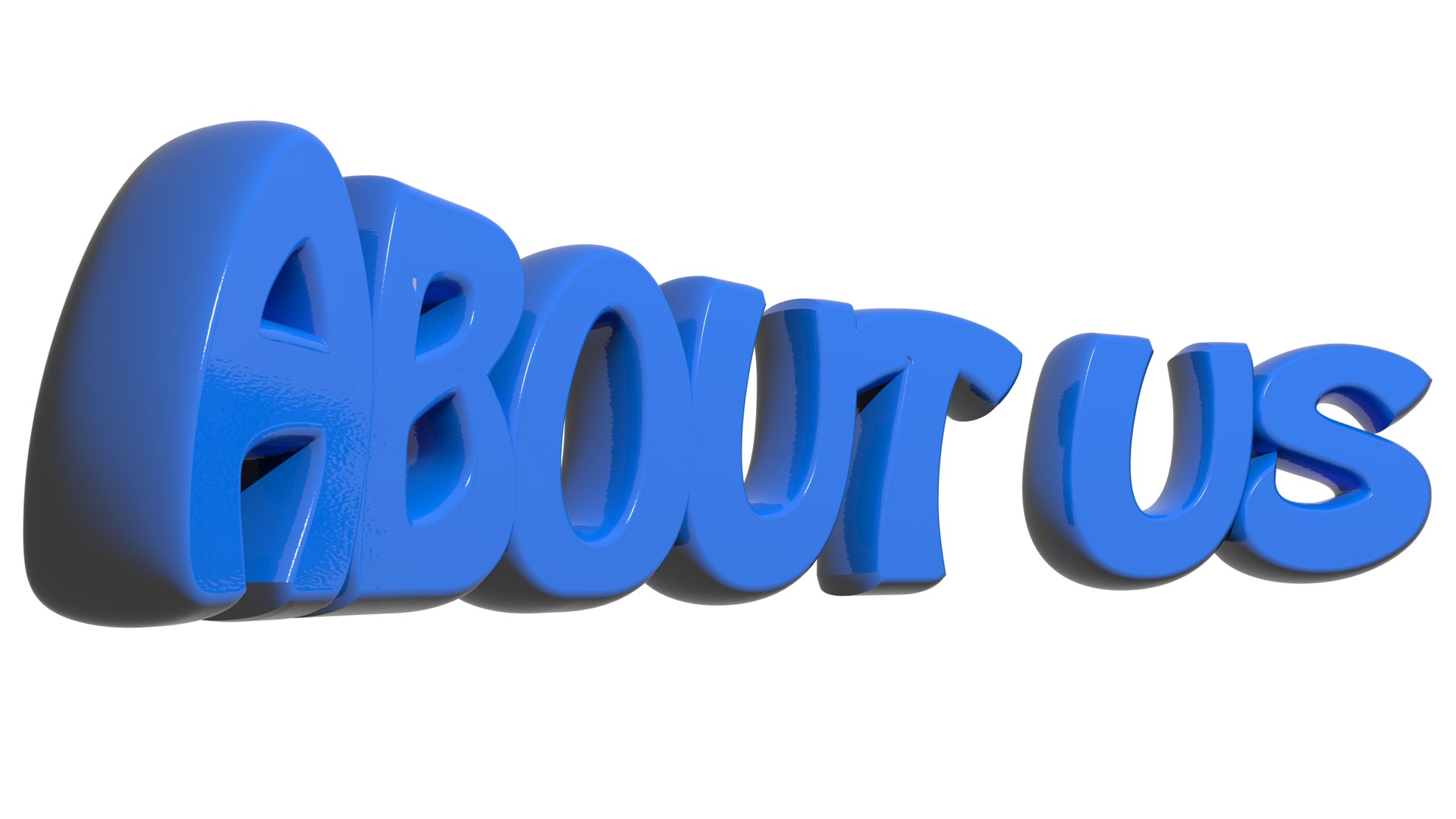 "ABOUT US" written with blue 3D letters on white background